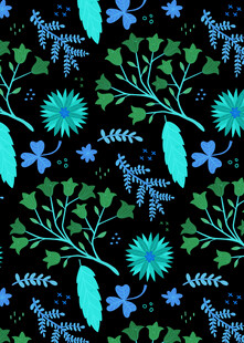 蓝绿花卉枝叶水彩图案