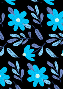 蓝色花卉黑色背景图案