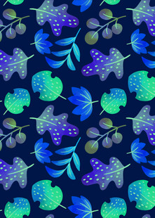 蓝底水彩葡萄叶图案