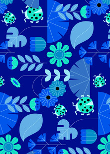 蓝色花卉昆虫图案背景