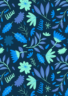 蓝调花卉植物无缝图案
