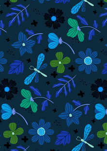 深蓝底色花卉蜻蜓图案