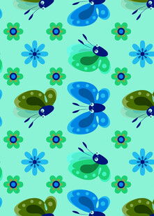 清新蓝绿花卉昆虫图案
