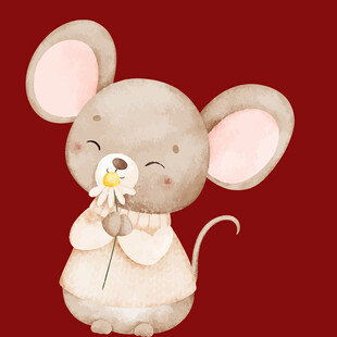 可爱小老鼠手持小花