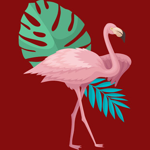 粉色火烈鸟与热带叶片