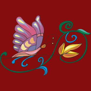 红色背景上的蝴蝶花卉图案