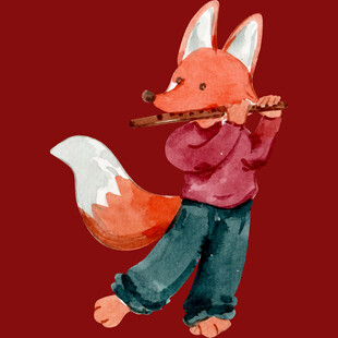 吹笛的狐狸萌趣插画