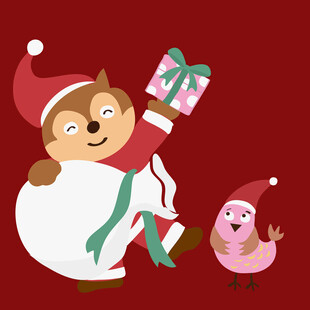 圣诞松鼠送礼物的欢乐场景