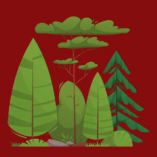 红色背景下的清新树林