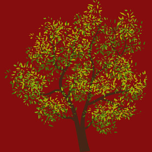 红色背景下的多彩树木