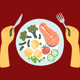 双手持餐具的健康餐盘