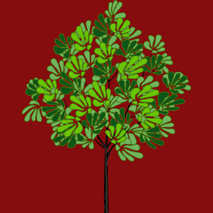 红色背景上的绿叶树