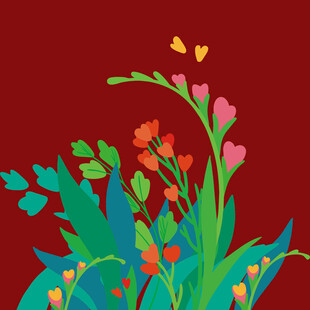 红色背景下的多彩花卉图案