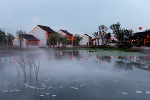 水乡晨雾中的古朴村落