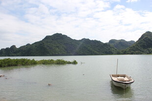 越南宁静湖面小船与远山景色