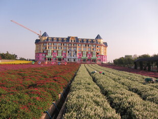 欧式城堡旁的多彩花田景观