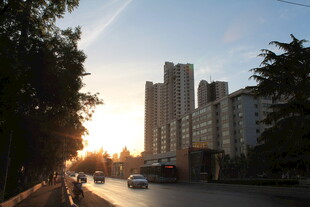 夕阳下的城市街道景象