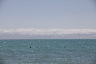 广阔海面与远处雪覆山峦