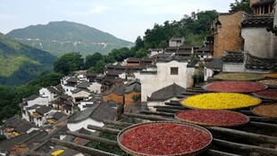 山村屋顶晾晒多彩农作物