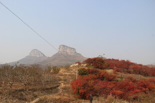 秋日山间红叶与远峰