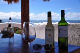 海边桌上的美酒与风景