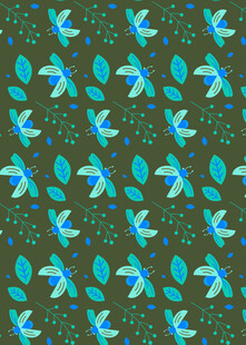 蓝绿飞鸟绿叶图案背景