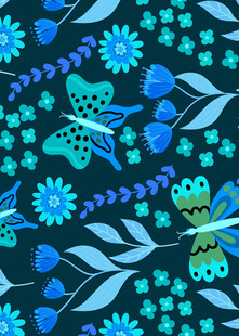 蓝底花卉蝴蝶图案设计