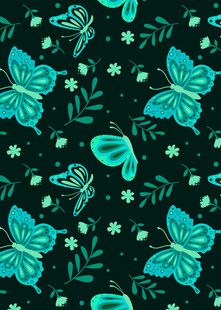 蓝绿蝴蝶花卉无缝图案