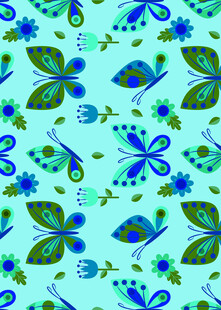 清新蓝底花卉蝴蝶图案