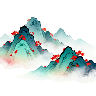 水墨群山间点缀红枫