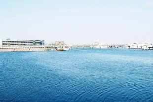 日本蓝色海面与远处建筑景观