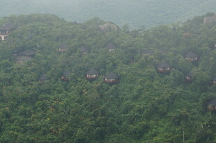 三亚山林中的错落木屋景观