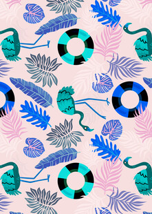 热带风植物与泳圈图案背景