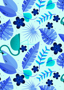 蓝绿植物花卉水彩图案