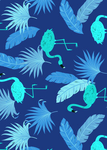 蓝调火烈鸟与热带植物图案