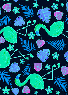 火烈鸟与植物的梦幻图案