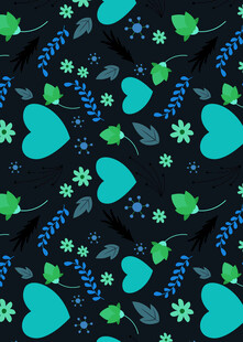 蓝绿花卉心形图案背景