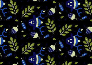 蓝绿花卉黑色背景图案