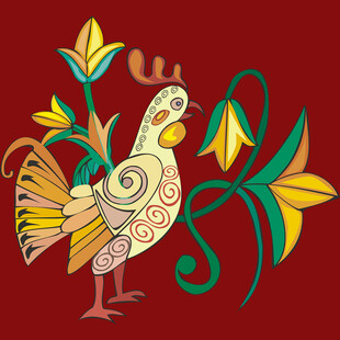 手绘公鸡与花卉装饰图案