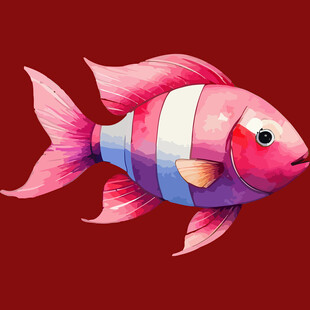 彩色条纹鱼水彩插画