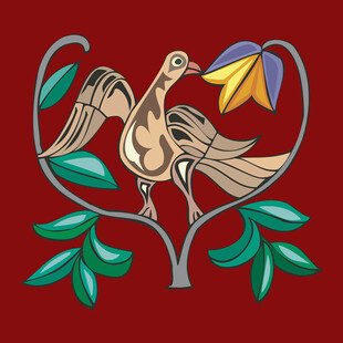 红色背景上的鸟与花卉图案
