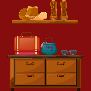 复古旅行装备陈列柜子上