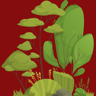 红色背景下的绿植景观