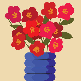 蓝色花瓶中的鲜艳花朵