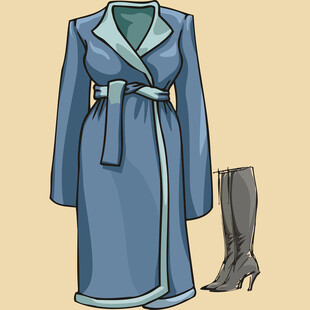 蓝色长款大衣配高跟长靴