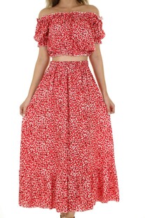  肩碎花红色套装裙