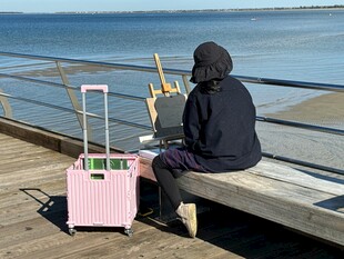 海边长椅上带行李箱的身影
