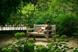 花园长椅上阅读的女子