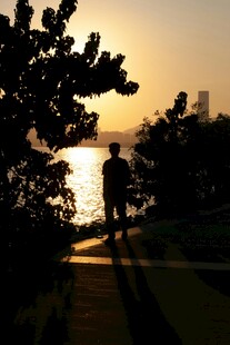 夕阳下的岸边孤独身影