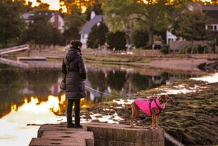 夕阳下湖边的人物活动场景